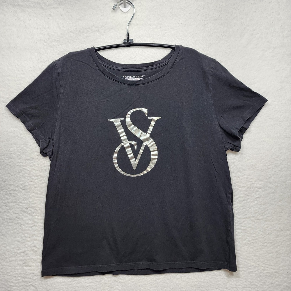 Victoria's Secret Black Cotton Silver Metallic VS Logo T-Shirt Large Regular